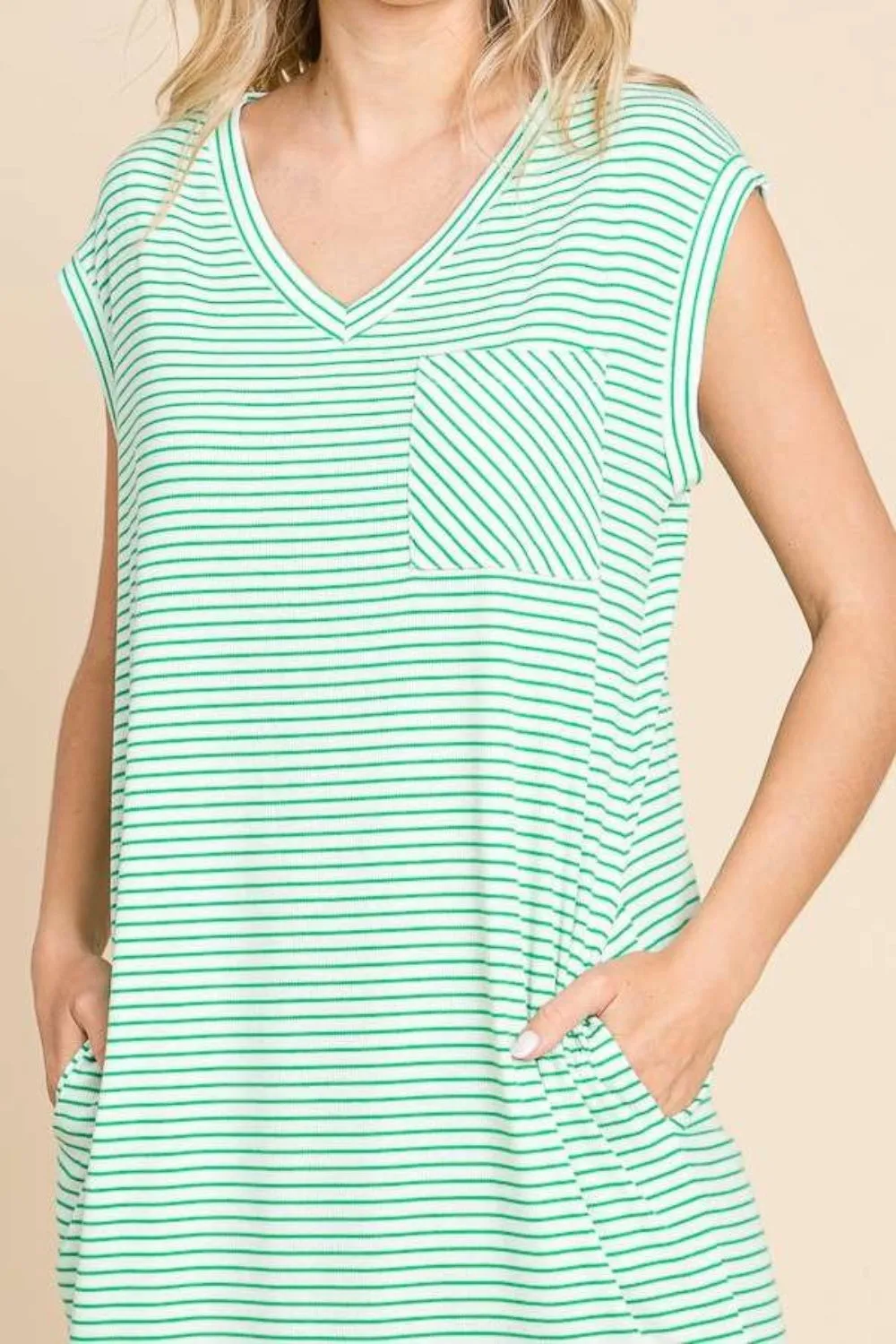 Culture Code Full Size Striped V-Neck Slit Dress with Pockets
