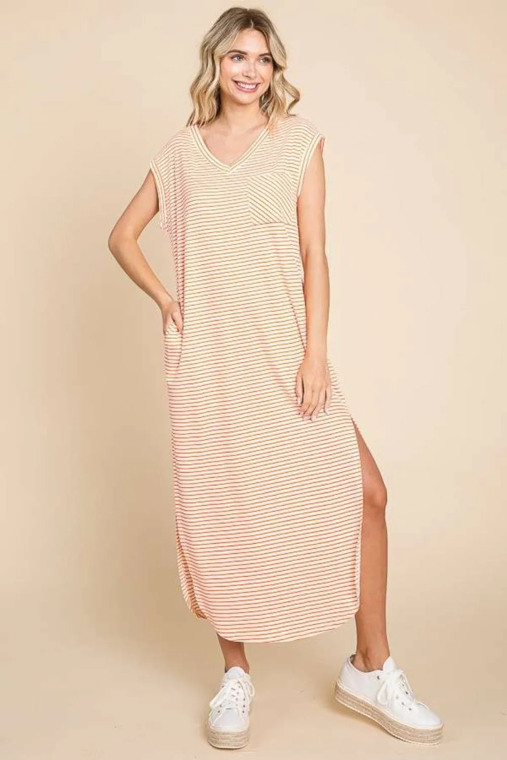 Culture Code Full Size Striped V-Neck Slit Dress with Pockets