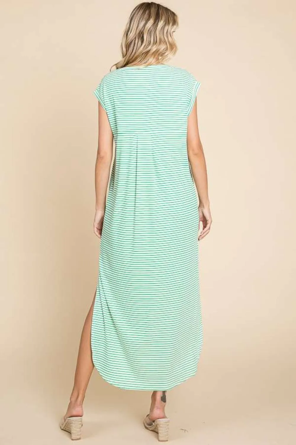 Culture Code Full Size Striped V-Neck Slit Dress with Pockets