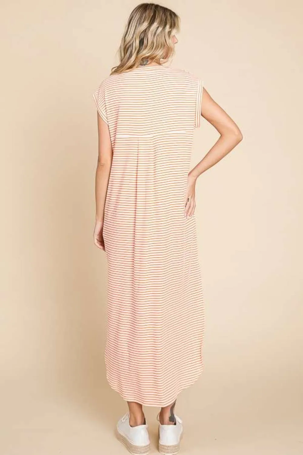 Culture Code Full Size Striped V-Neck Slit Dress with Pockets