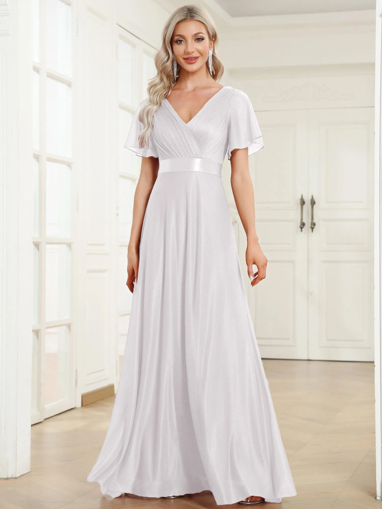 Custom Size V Neck Ribbon Waist Formal Evening Dress With Sleeves