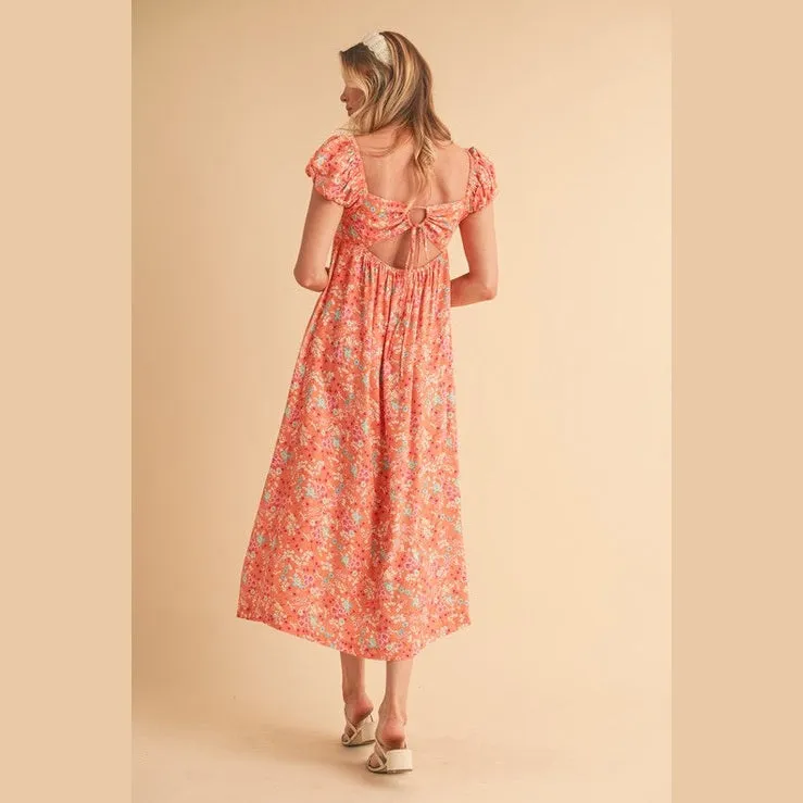 Cutout Back Floral Square Neck Puff Sleeve Midi Dress