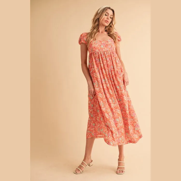 Cutout Back Floral Square Neck Puff Sleeve Midi Dress