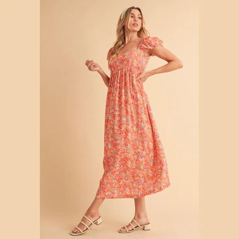 Cutout Back Floral Square Neck Puff Sleeve Midi Dress