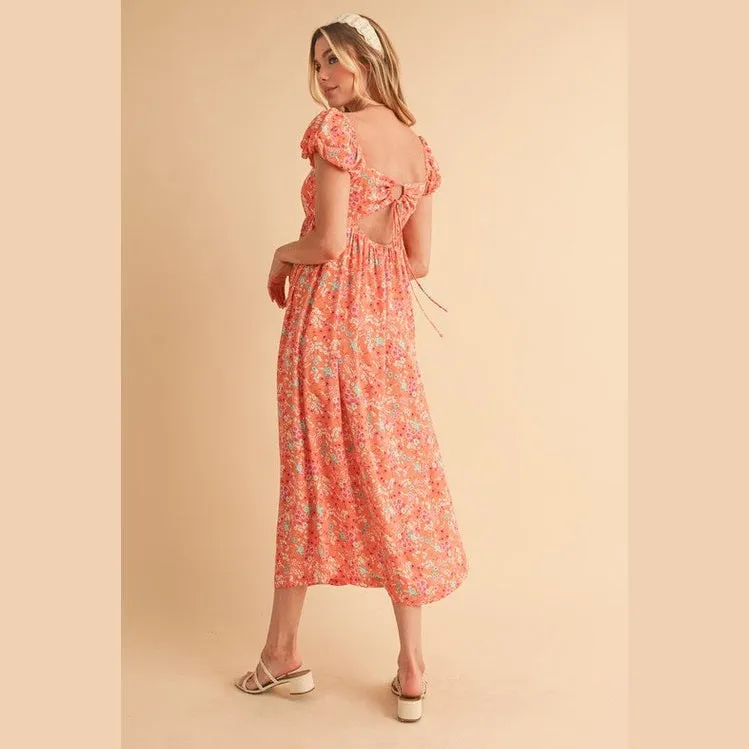 Cutout Back Floral Square Neck Puff Sleeve Midi Dress