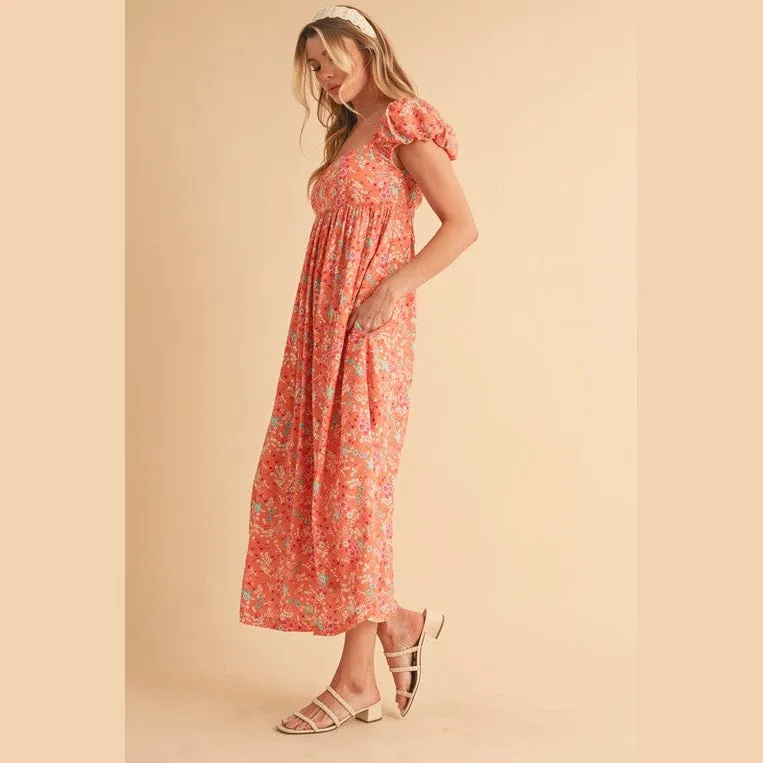 Cutout Back Floral Square Neck Puff Sleeve Midi Dress
