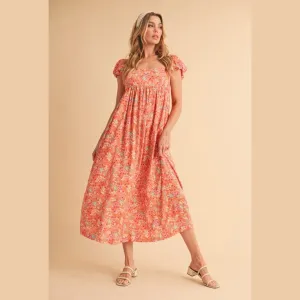 Cutout Back Floral Square Neck Puff Sleeve Midi Dress
