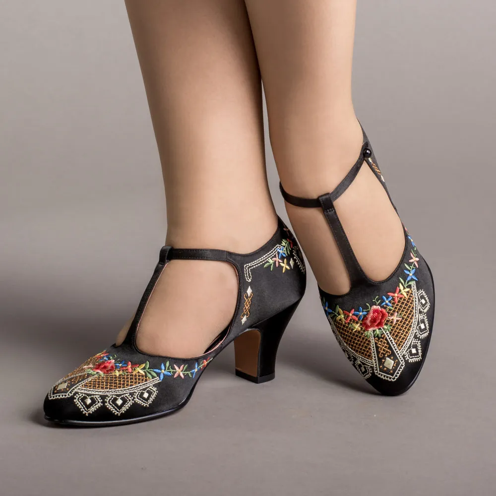 Daisy Women's Embroidered T-Straps (Black)