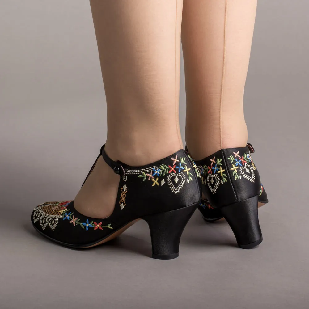 Daisy Women's Embroidered T-Straps (Black)