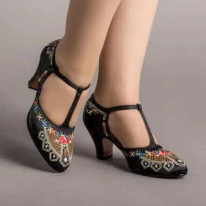 Daisy Women's Embroidered T-Straps (Black)