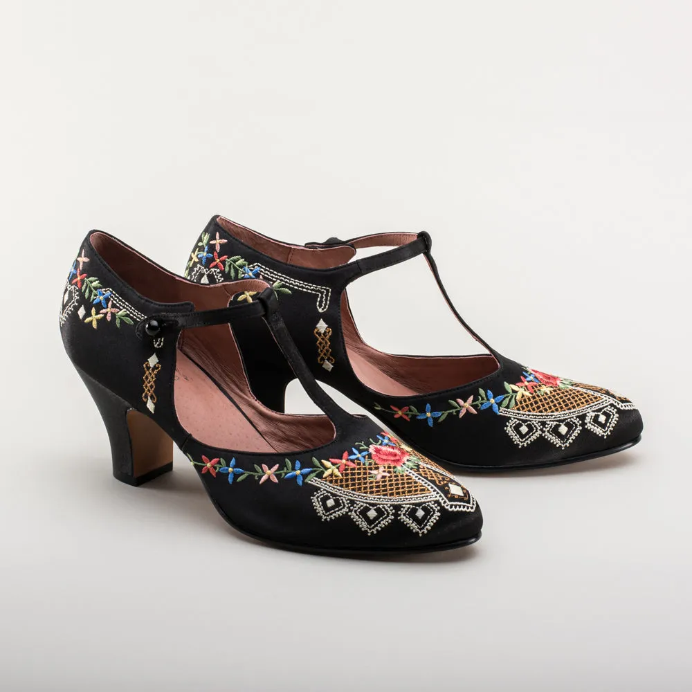 Daisy Women's Embroidered T-Straps (Black)