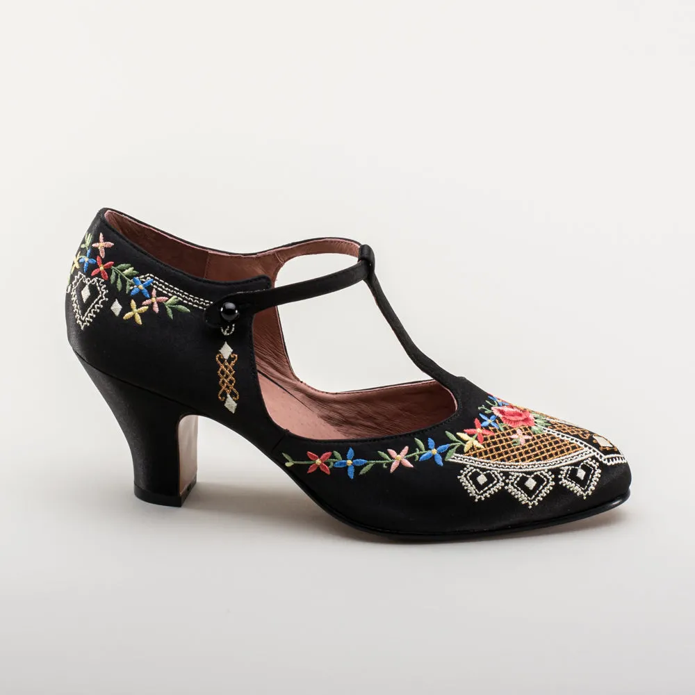 Daisy Women's Embroidered T-Straps (Black)