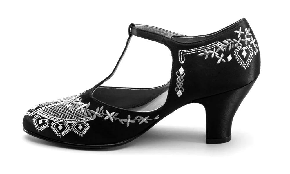 Daisy Women's Embroidered T-Straps (Black)