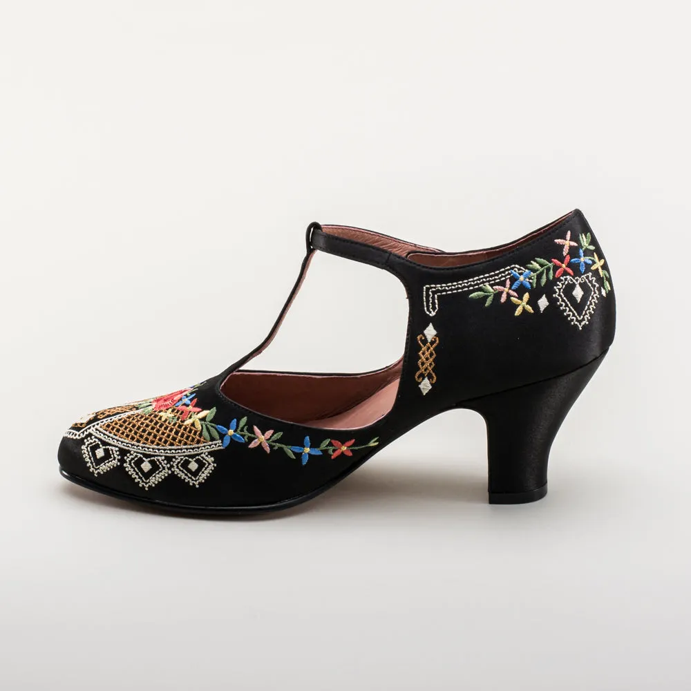 Daisy Women's Embroidered T-Straps (Black)