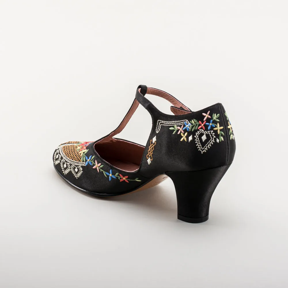Daisy Women's Embroidered T-Straps (Black)