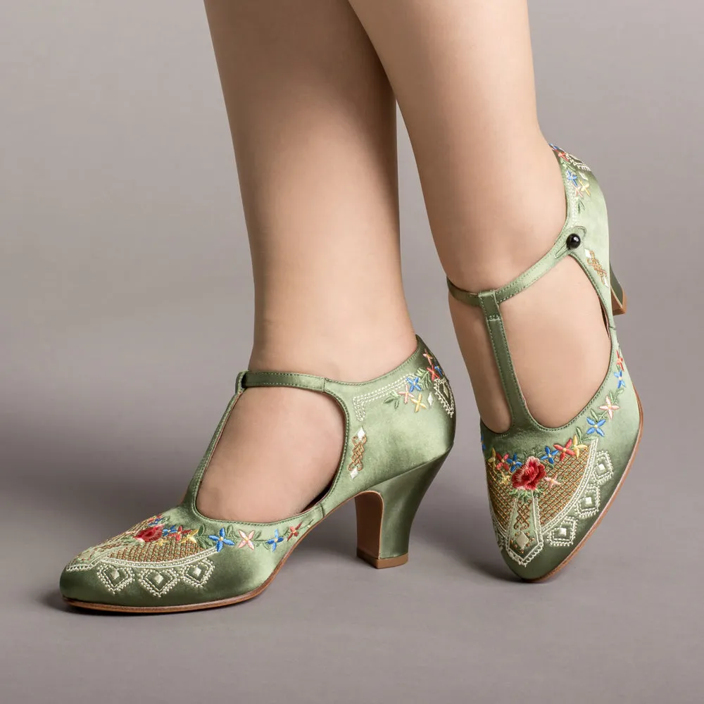 Daisy Women's Embroidered T-Straps (Green)