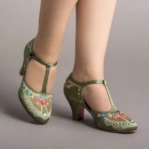 Daisy Women's Embroidered T-Straps (Green)