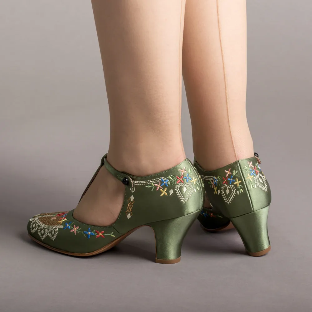 Daisy Women's Embroidered T-Straps (Green)