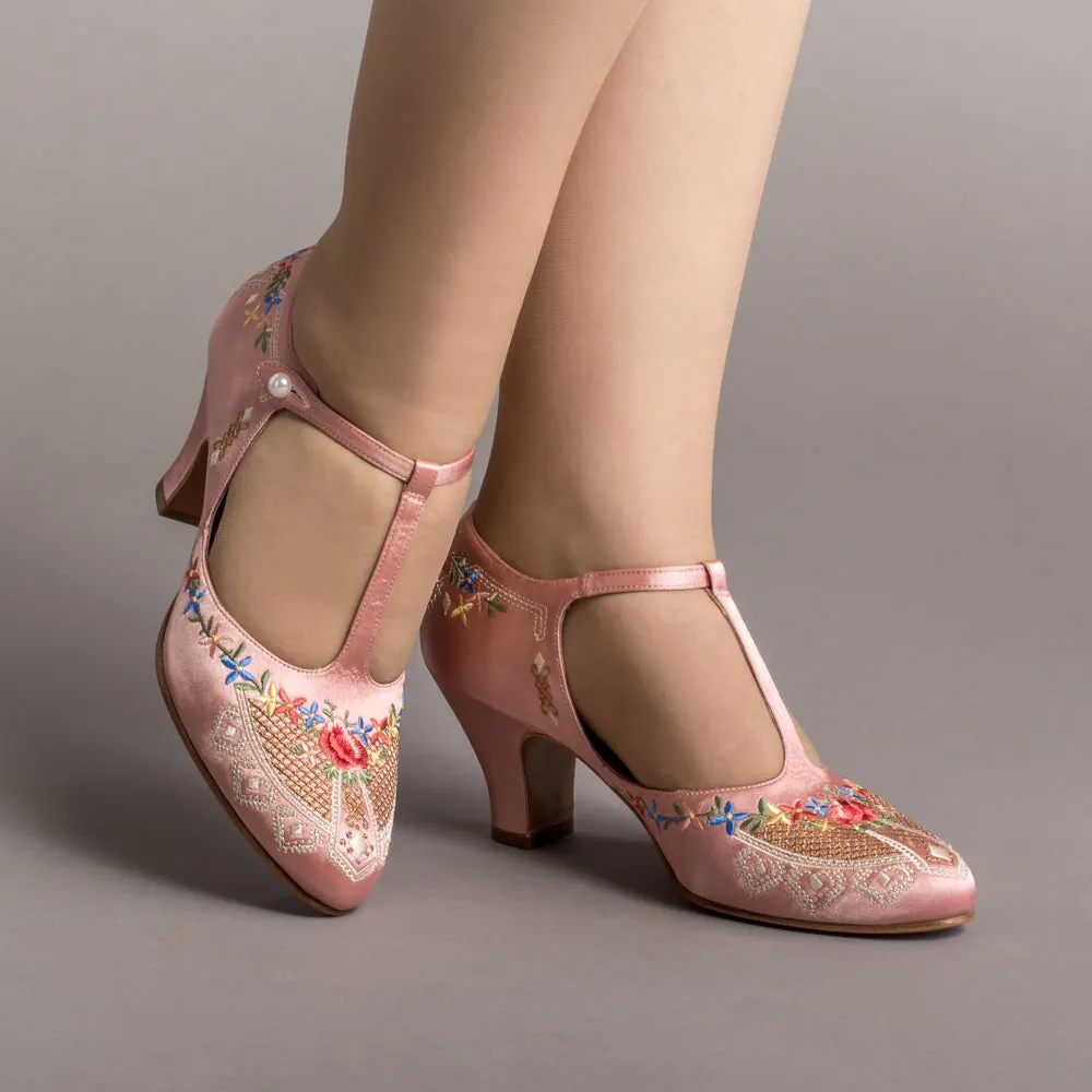 Daisy Women's Embroidered T-Straps (Pink)