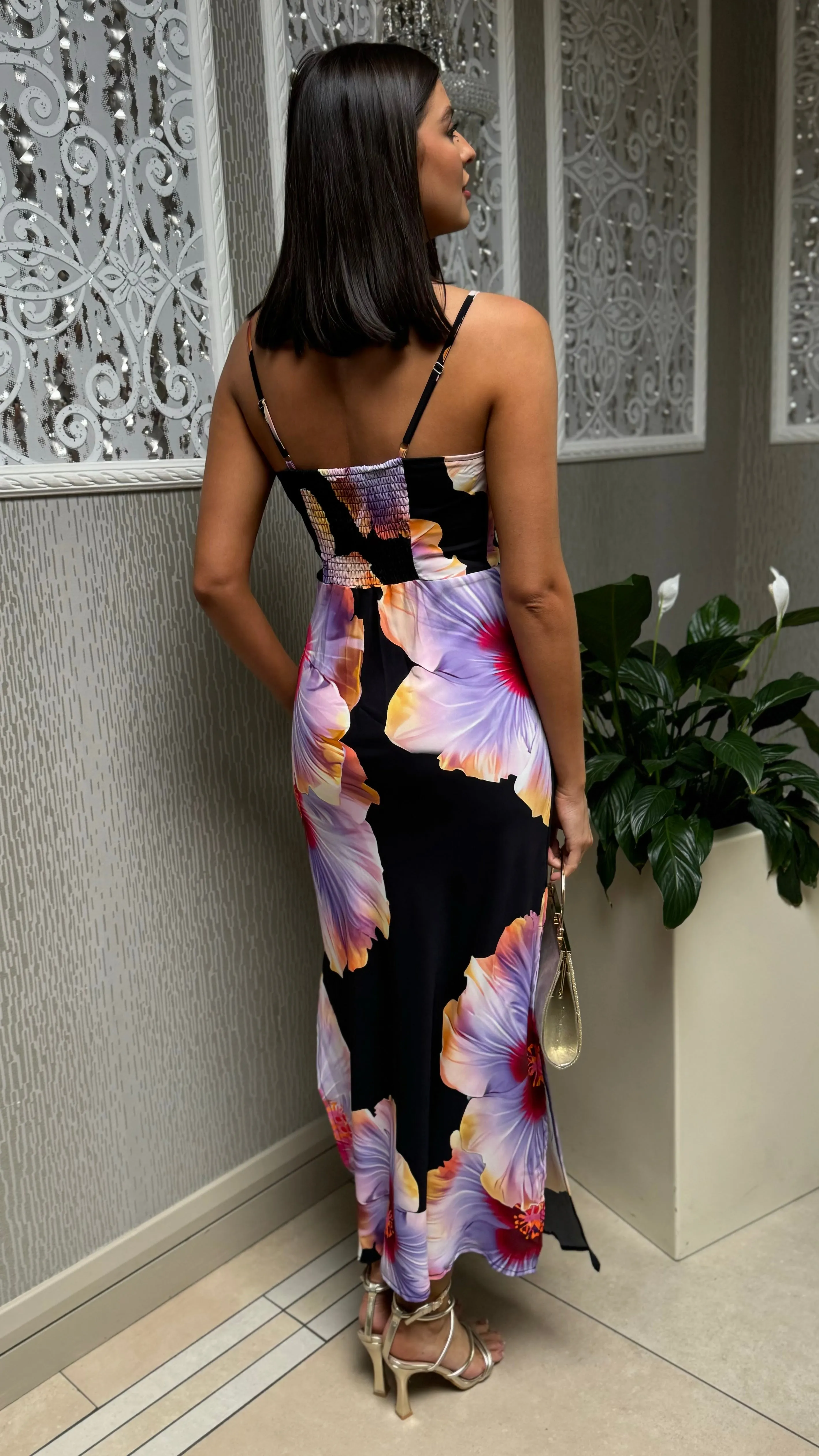 Dalkey Black & Lilac Floral Print Strappy Slip Midi Dress