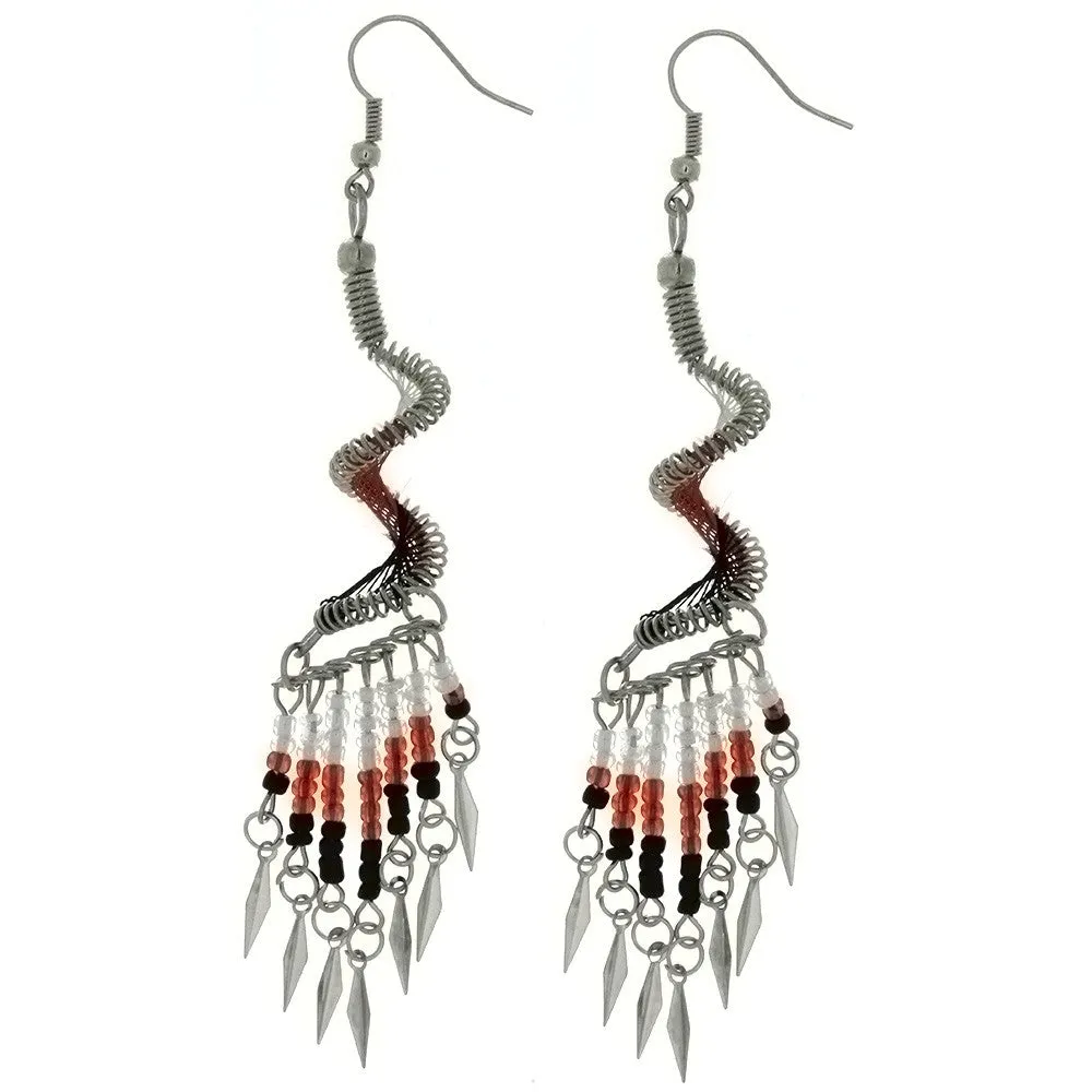 DANGLE THREAD WEAVE & SEED BEAD SPIRAL RED EARRINGS
