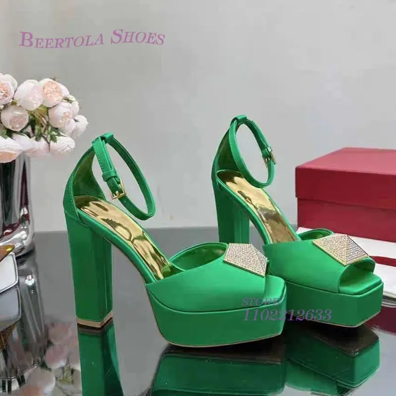 Deep Purple Satin Crystal Rivet Chunky Sandals | Platform Square Toe Heels | Bright Yellow Sexy Lace-Up Party Shoes with Metal Buckle