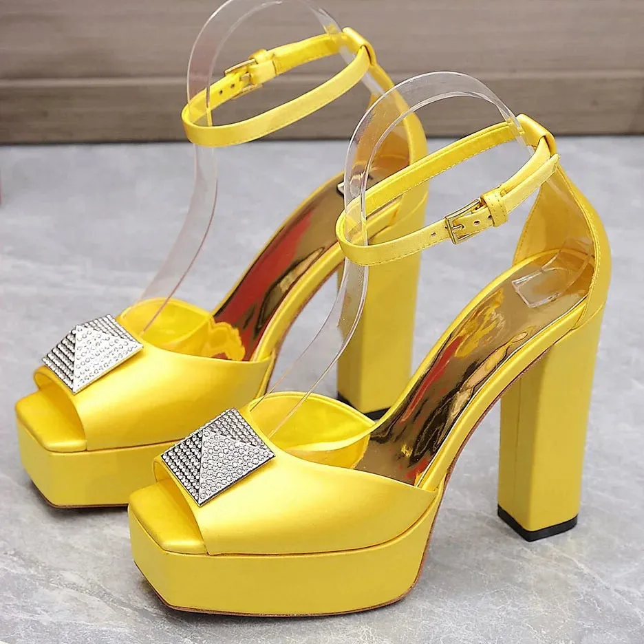 Deep Purple Satin Crystal Rivet Chunky Sandals | Platform Square Toe Heels | Bright Yellow Sexy Lace-Up Party Shoes with Metal Buckle