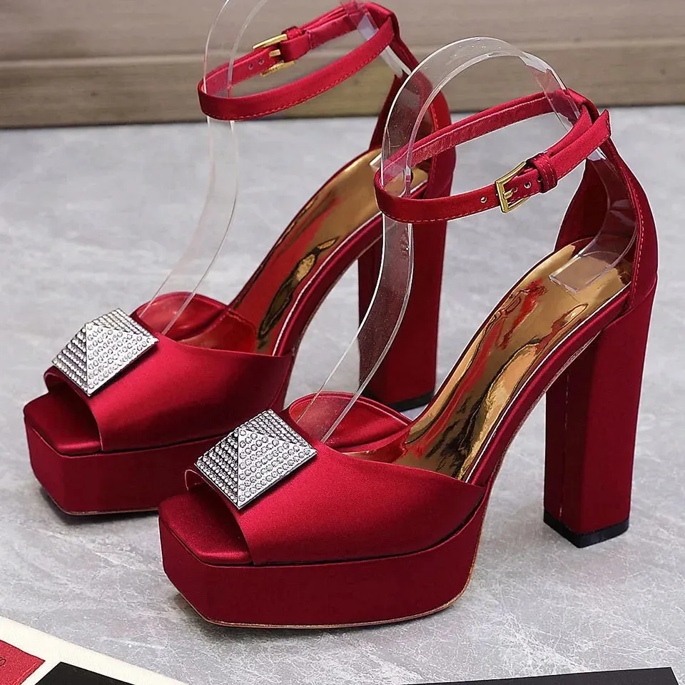 Deep Purple Satin Crystal Rivet Chunky Sandals | Platform Square Toe Heels | Bright Yellow Sexy Lace-Up Party Shoes with Metal Buckle