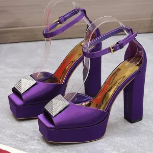 Deep Purple Satin Crystal Rivet Chunky Sandals | Platform Square Toe Heels | Bright Yellow Sexy Lace-Up Party Shoes with Metal Buckle