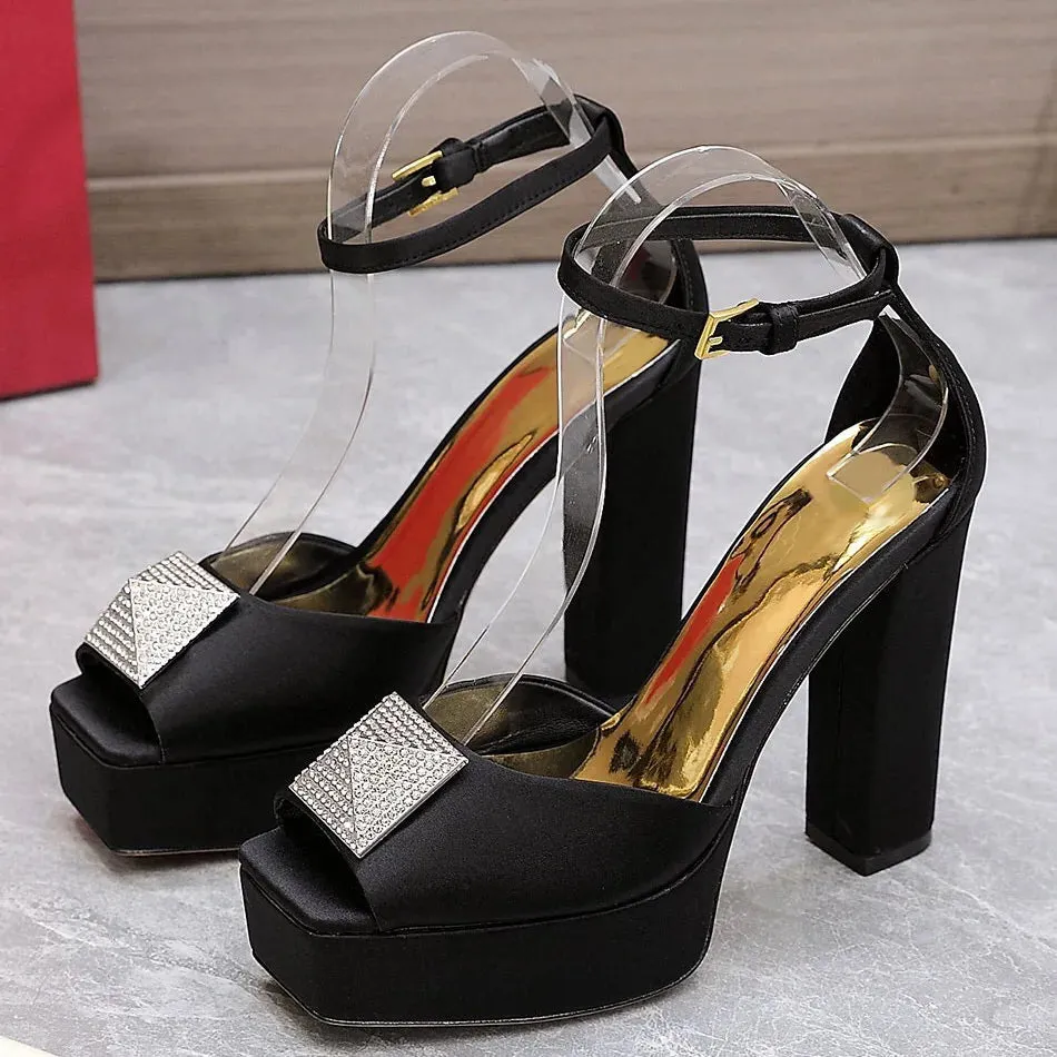 Deep Purple Satin Crystal Rivet Chunky Sandals | Platform Square Toe Heels | Bright Yellow Sexy Lace-Up Party Shoes with Metal Buckle