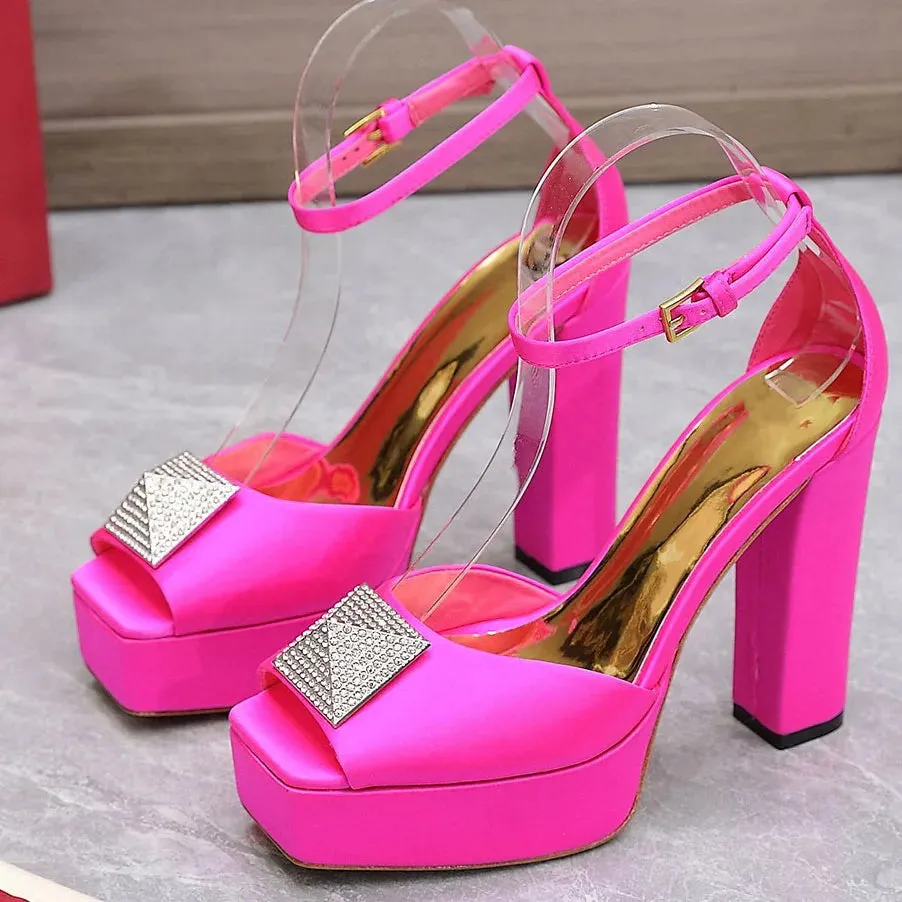 Deep Purple Satin Crystal Rivet Chunky Sandals | Platform Square Toe Heels | Bright Yellow Sexy Lace-Up Party Shoes with Metal Buckle
