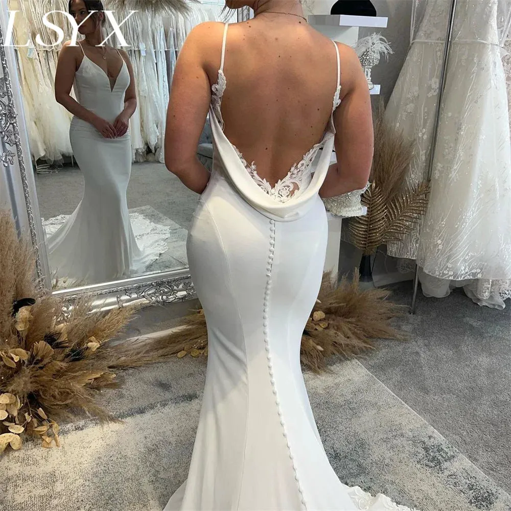 Deep V-Neck Sleeveless Backless  Spaghetti Straps Mermaid Wedding  Dress