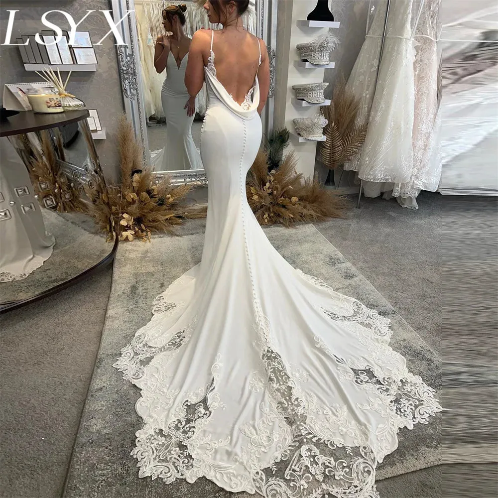 Deep V-Neck Sleeveless Backless  Spaghetti Straps Mermaid Wedding  Dress