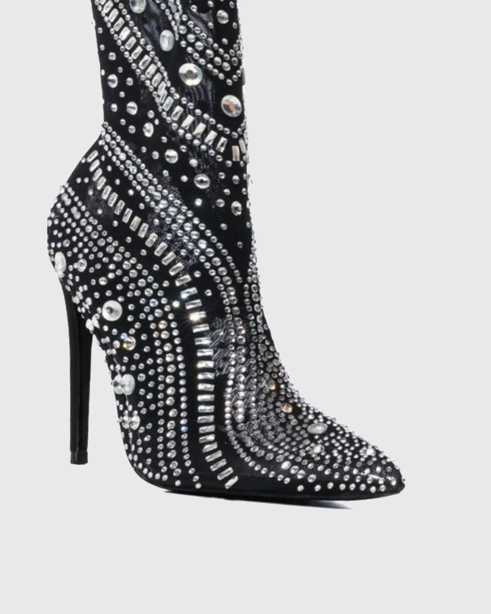 Delfina Rhinestone Embellished Mesh Mid Calf Boots In Black