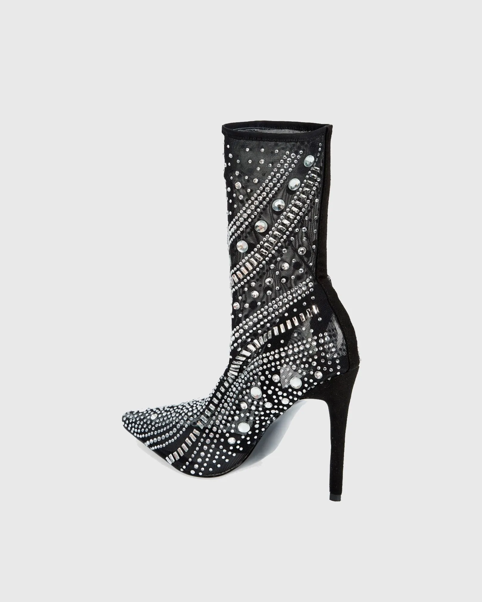 Delfina Rhinestone Embellished Mesh Mid Calf Boots In Black