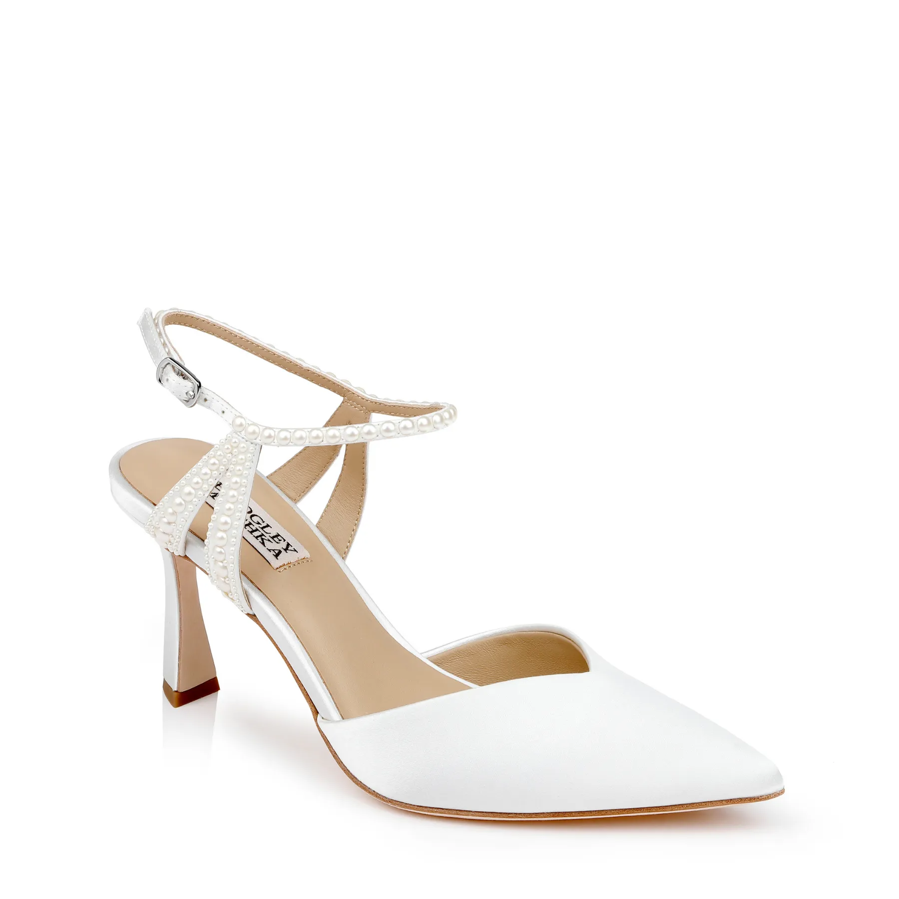 Destinee - Pointed Toe Satin Pumps with Pearl Strap - Soft White