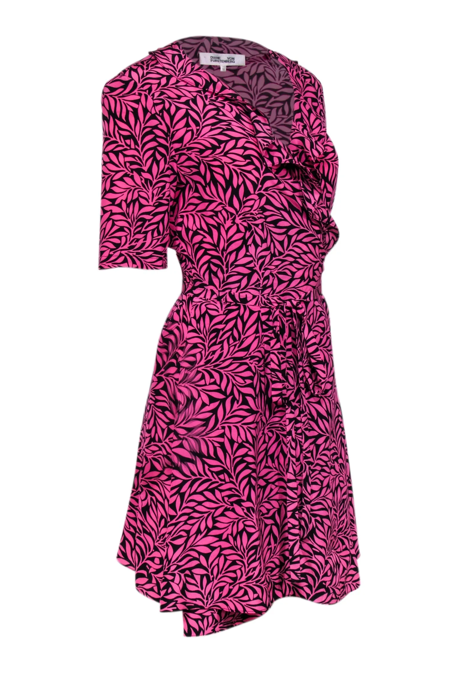 Diane von Furstenberg - Pink & Black Leaf Print Silk Wrap Dress Sz 10