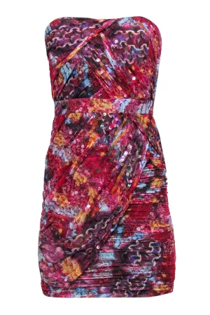 Diane von Furstenberg - Red Printed Draped Strapless Silk Sheath Dress w/ Sequins Sz 2