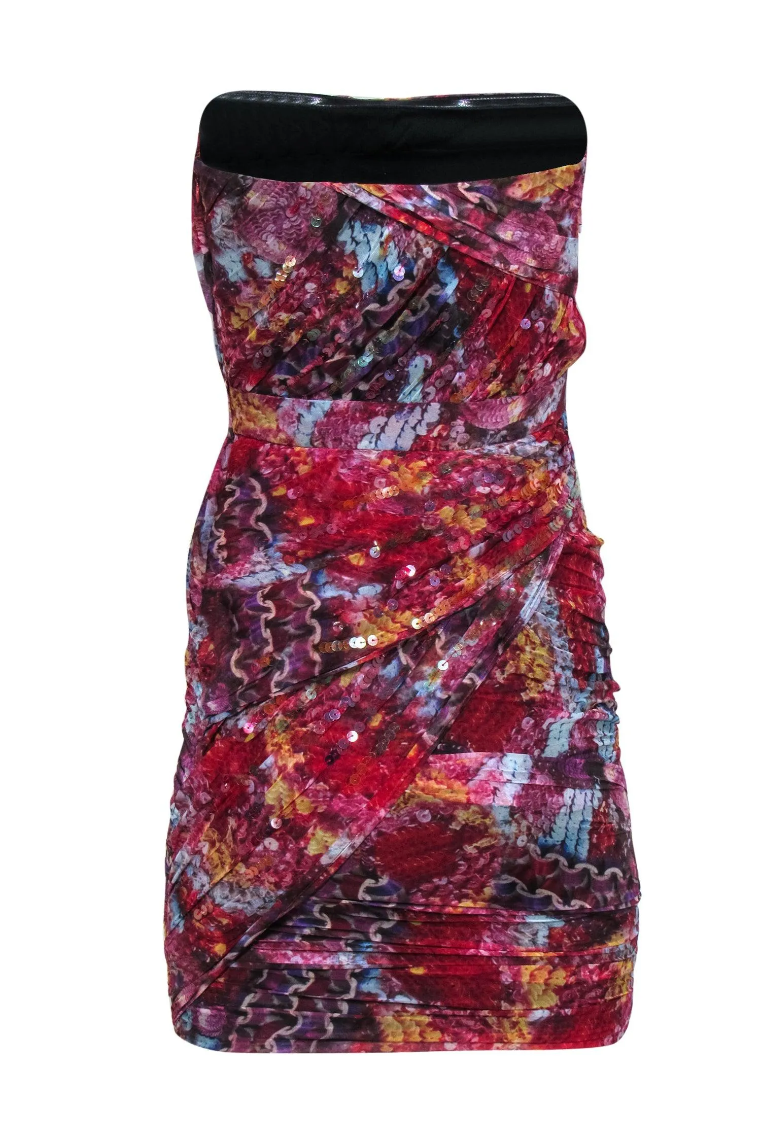 Diane von Furstenberg - Red Printed Draped Strapless Silk Sheath Dress w/ Sequins Sz 2
