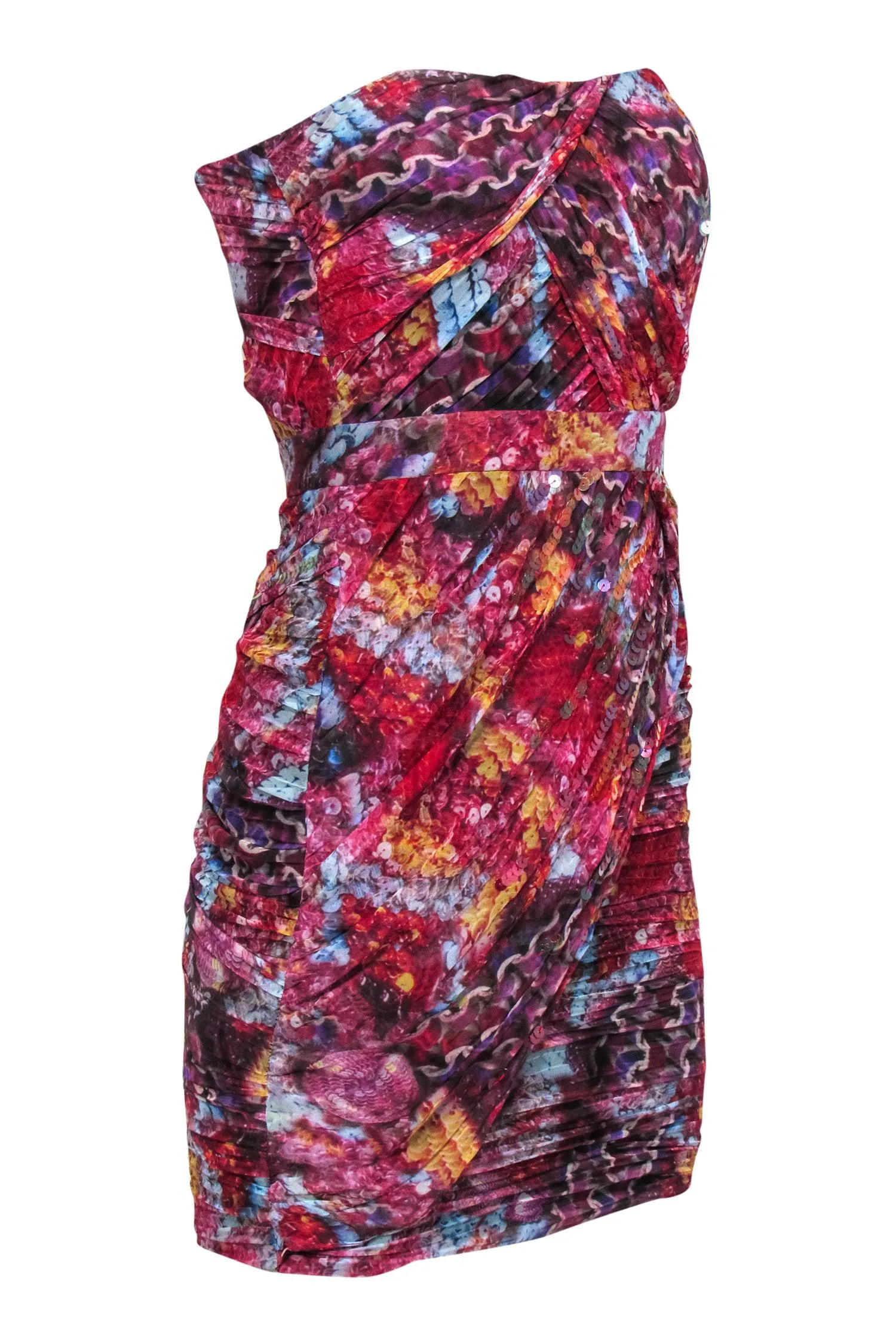 Diane von Furstenberg - Red Printed Draped Strapless Silk Sheath Dress w/ Sequins Sz 2
