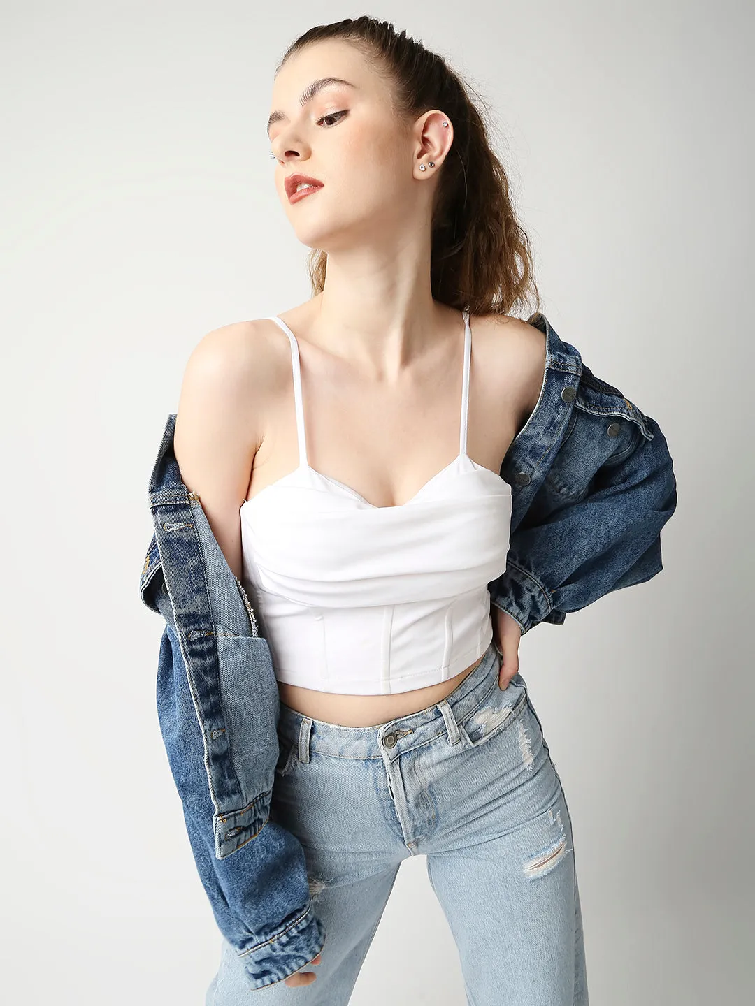 Disrupt Women White Corset Draped Slim Fit Padded Crop Top