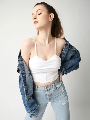 Disrupt Women White Corset Draped Slim Fit Padded Crop Top