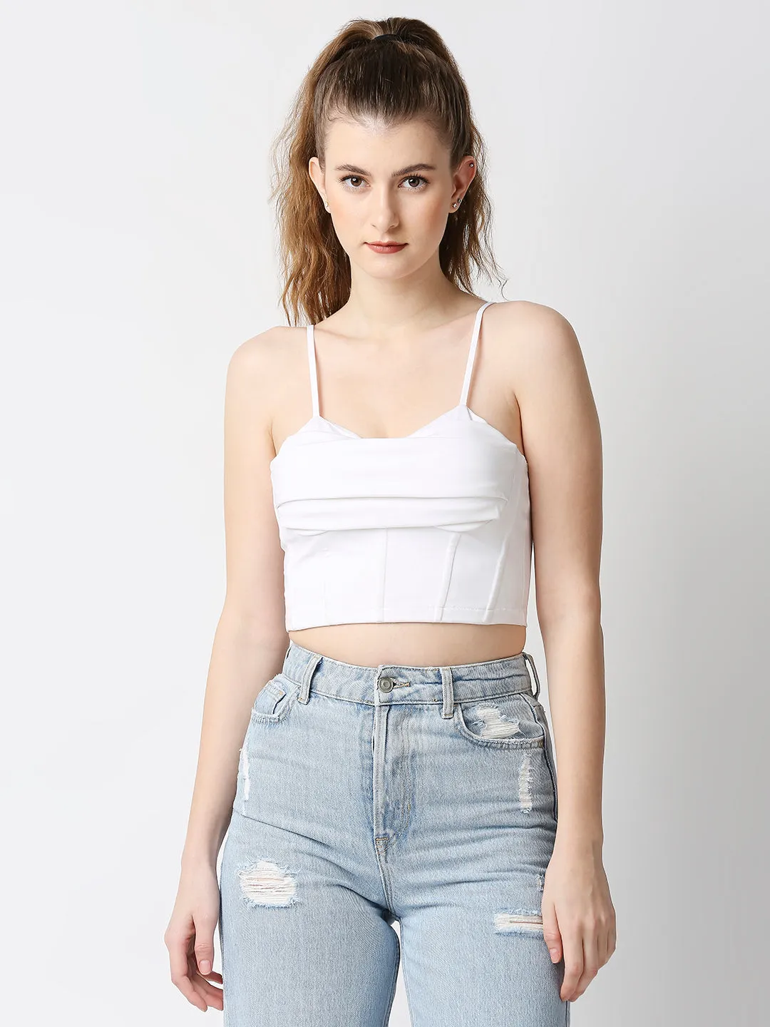 Disrupt Women White Corset Draped Slim Fit Padded Crop Top