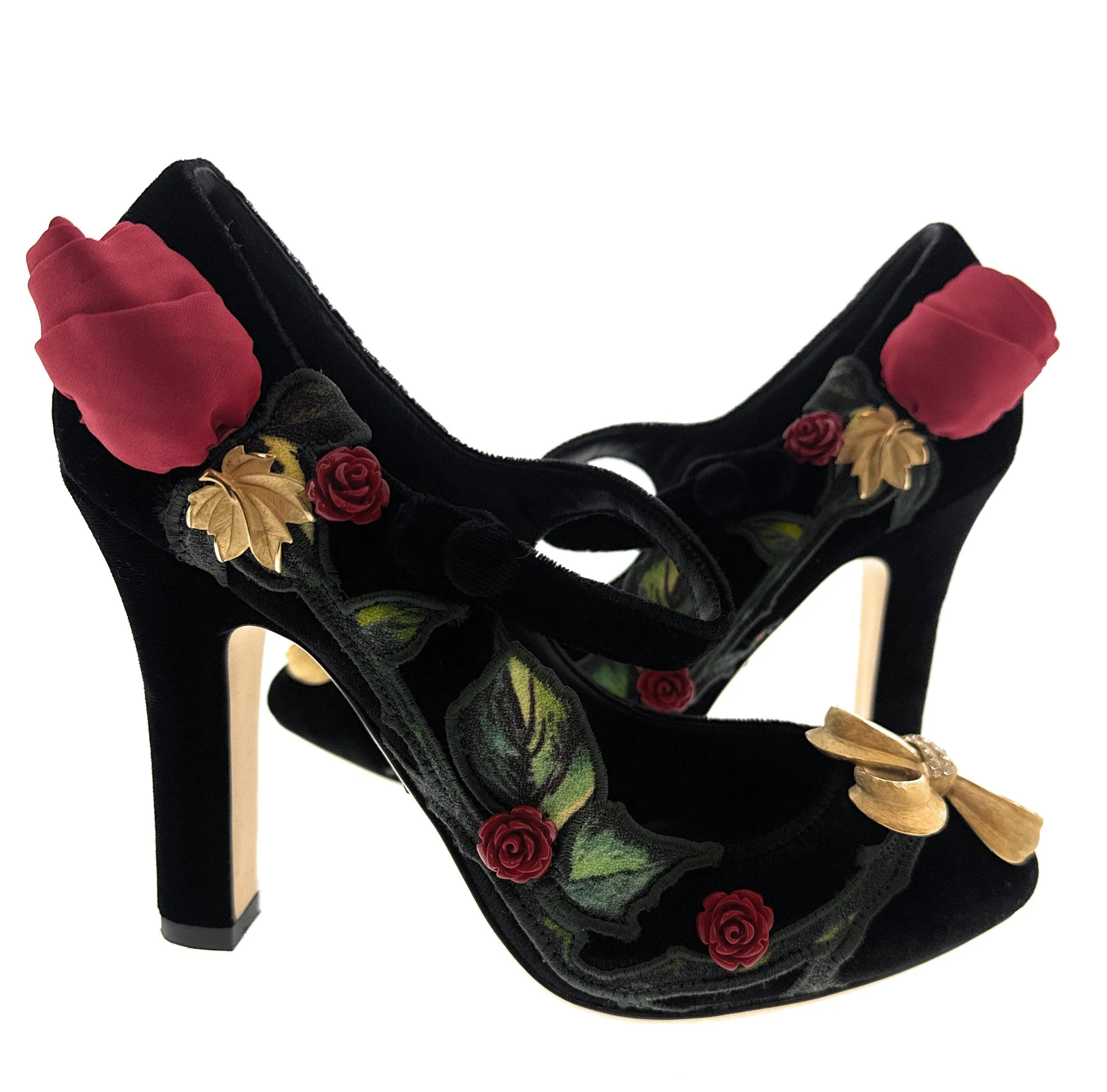 Dolce & Gabbana Black Velvet Embellished Vintage Heels-EU35.5