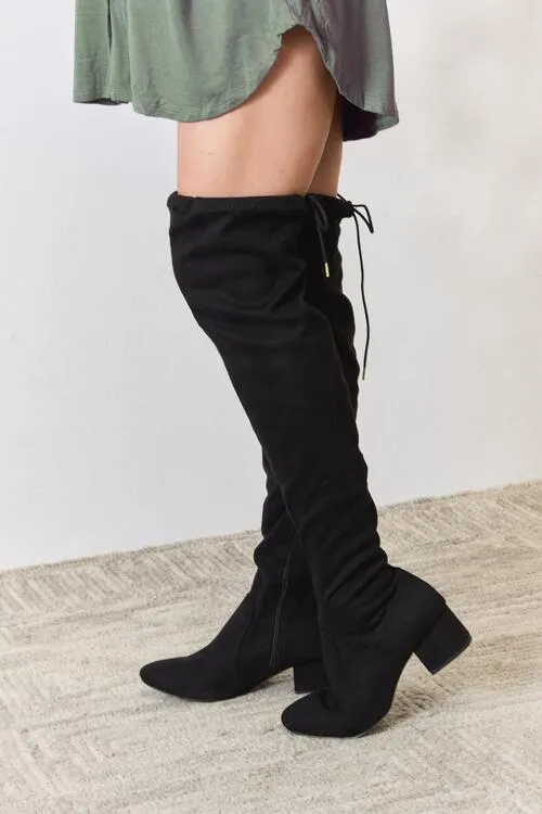 East Lion Corp Over The Knee Black Faux Suede Lace Up Back Comfy Boots