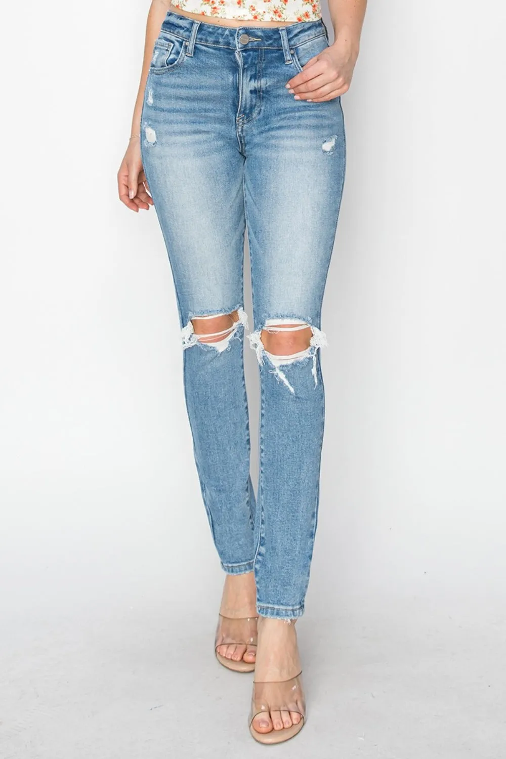 Edgy Elegance: Risen High Rise Knee Distressed Skinny Jeans