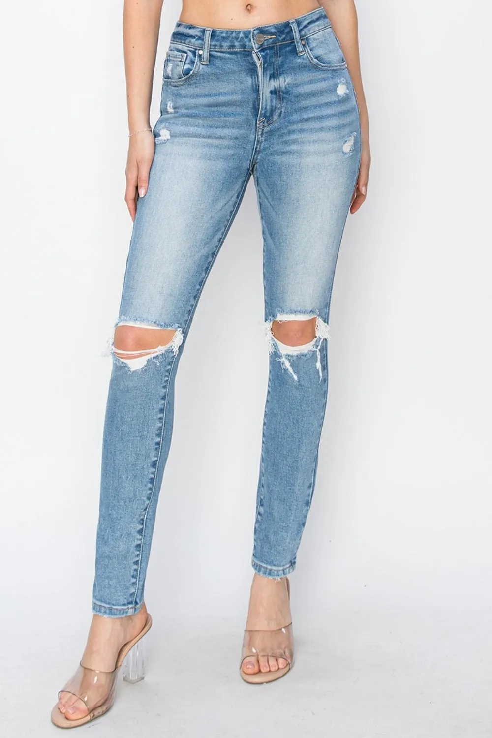 Edgy Elegance: Risen High Rise Knee Distressed Skinny Jeans