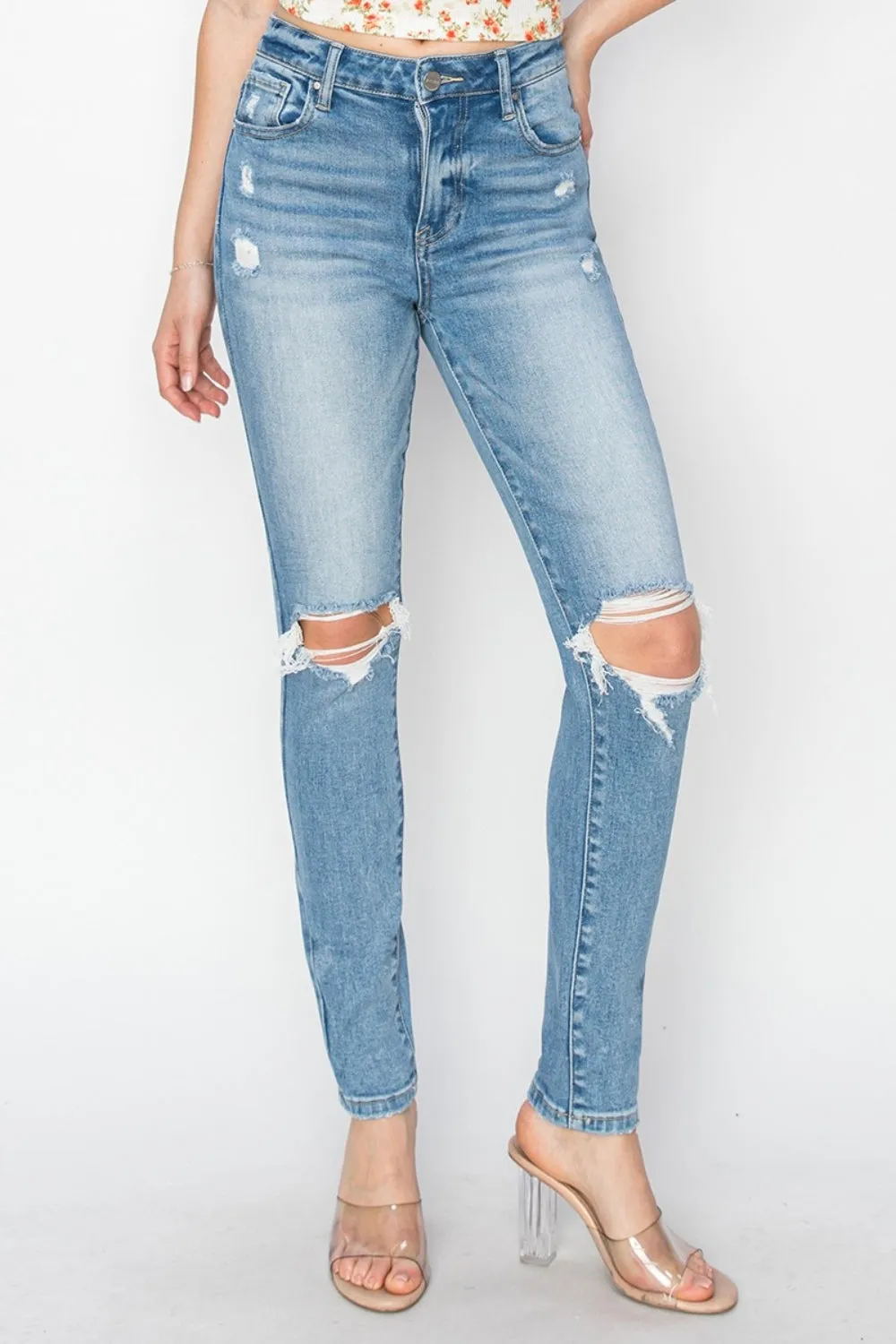 Edgy Elegance: Risen High Rise Knee Distressed Skinny Jeans