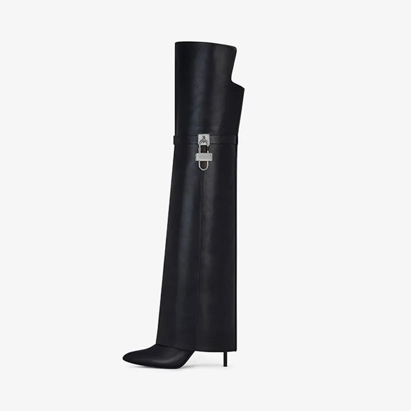 Elegant Black Calfskin Over-The-Knee Boots