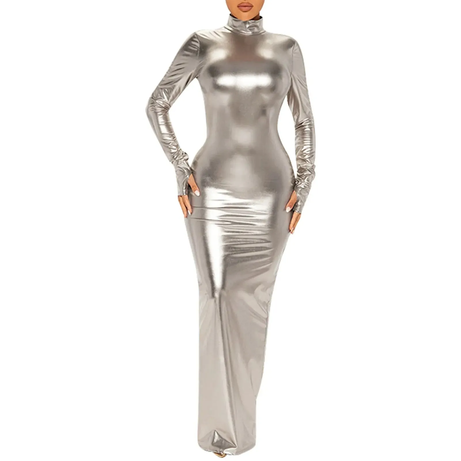 Elegant Bodycon Maxi Dress for Women – Sexy Hollow Out Backless Long Sleeve Shiny Gold Party Dress